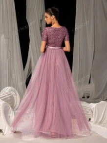 Faeriesty Faeriesty Elegant Formal Evening Gown With Sequin Embellished Bodice & Contrast Layered Tulle Hem | A-Line Prom Wedding Party Dress