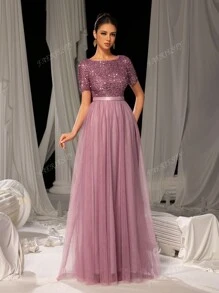 Faeriesty Faeriesty Elegant Formal Evening Gown With Sequin Embellished Bodice & Contrast Layered Tulle Hem | A-Line Prom Wedding Party Dress