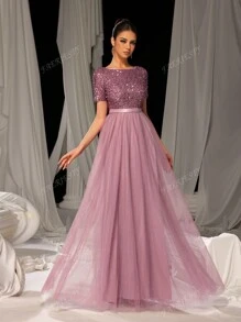 Faeriesty Faeriesty Elegant Formal Evening Gown With Sequin Embellished Bodice & Contrast Layered Tulle Hem | A-Line Prom Wedding Party Dress