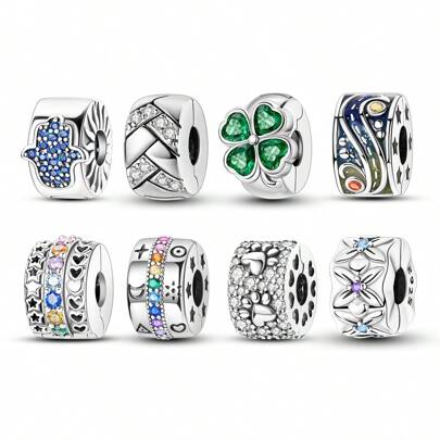 1 PC 925 Sterling Silver Clasp CZ Pave Colorful Clip Charms Beads Stopper Safety Chain Fit Original Bangle Bracelet Fine Jewelry Clip Accessories