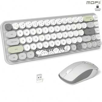  MOFII Ergonomic 2.4G Wireless Keyboard Mouse Combo 68 Keys Retro Round Keycap Typewriter Keyboard With Noiseless Button Mouse Multimedia Function Cute Keyboard Mouse Set For PC/Laptop/Desktop-Grey