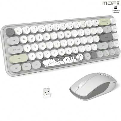 MOFII MOFII Ergonômico 2.4G Sem Fio Teclado Mouse Combo 68 Teclas Retro Redondas Teclado de Máquina de Escrever com Botão Silencioso Mouse Função Multimídia Lindo Conjunto de Teclado e Mouse para PC/Laptop/Desktop - Cinza