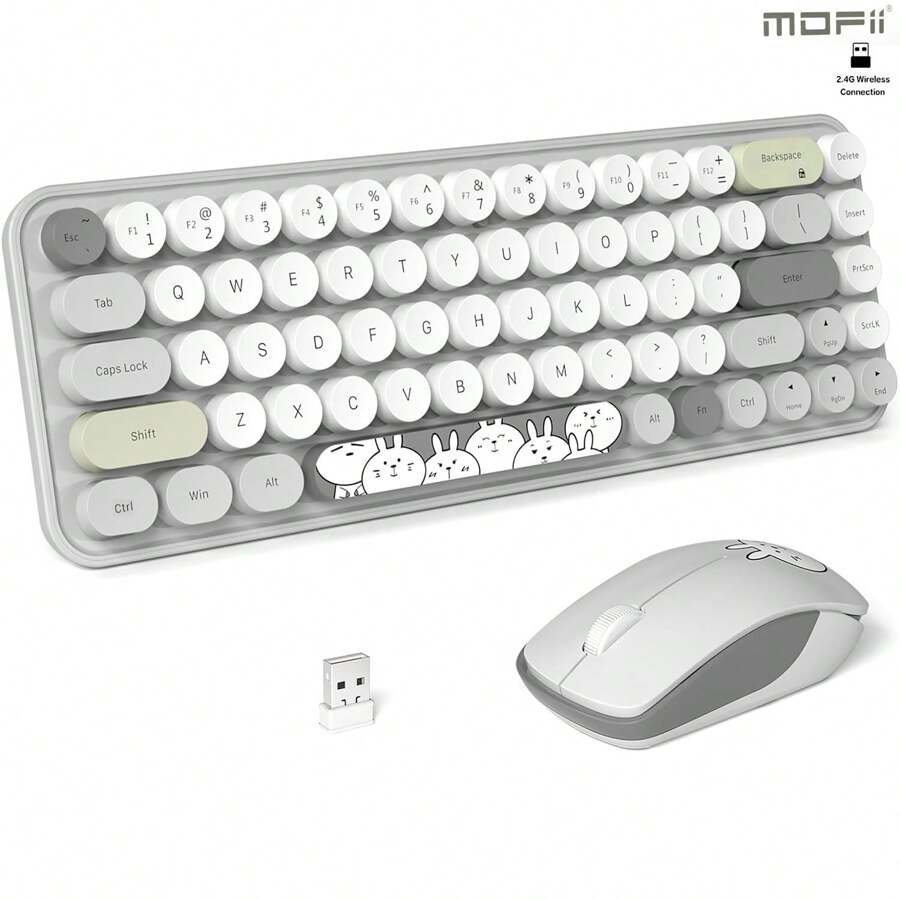 MOFII MOFII Ergonomic 2.4G Wireless Keyboard Mouse Combo 68 Keys Retro Round Keycap Typewriter Keyboard With Noiseless Button Mouse Multimedia Function Cute Keyboard Mouse Set For PC/Laptop/Desktop-Grey