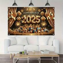 2025 新年快乐庆祝横幅 - 通用聚酯纤维派对背景，适合家庭和花园庆祝活动的节日室内氛围装饰，无需电力 - 彩色 - 查看 3