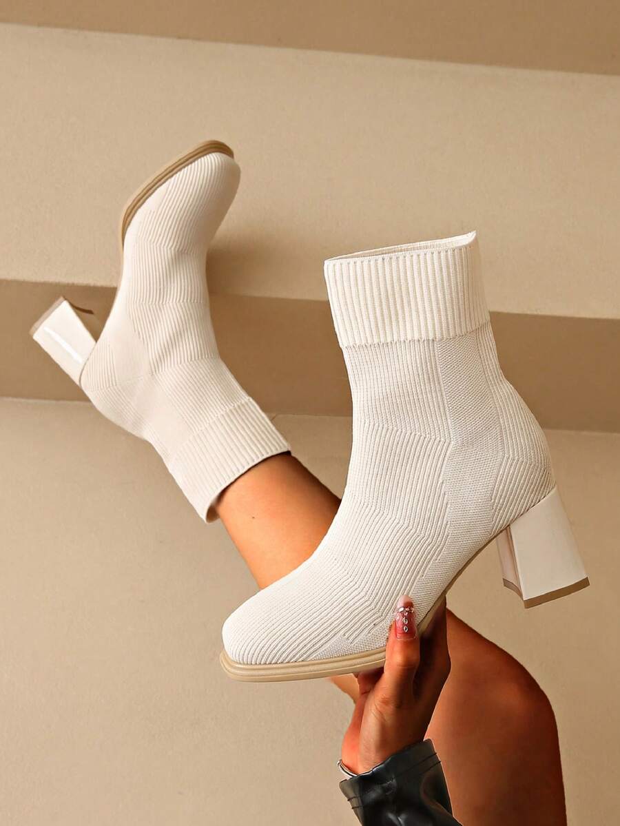 Fashion Solid Color Fabric, Women Square Toe Chunky Heel Ankle Boots