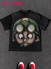 PAYEAH Streetwear T-Shirt Men's Hip Hop Rock Graffiti Cartoon Soldier Print Short Sleeve T-Shirt (Single Piece)100% Cotton 220g Heavy Cotton T Shirt - 黑色 - 查看 1