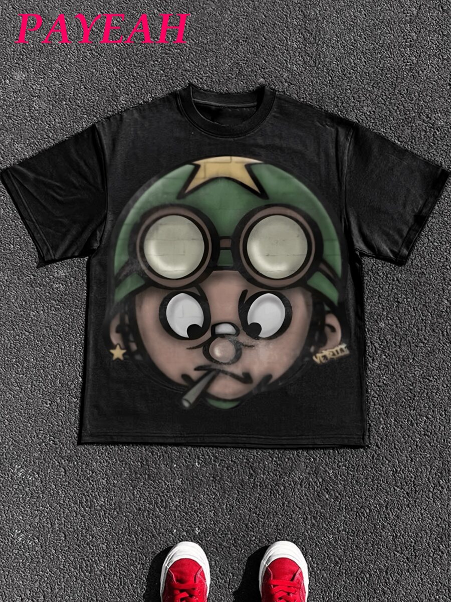 PAYEAH Streetwear T-Shirt Men's Hip Hop Rock Graffiti Cartoon Soldier Print Short Sleeve T-Shirt (Single Piece)100% Cotton 220g Heavy Cotton T Shirt - 黑色 - 查看 1