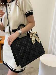 时尚百搭女士手提包配围巾，2024夏季新款通勤手提包，单肩斜挎包别致小方包配格子围巾标