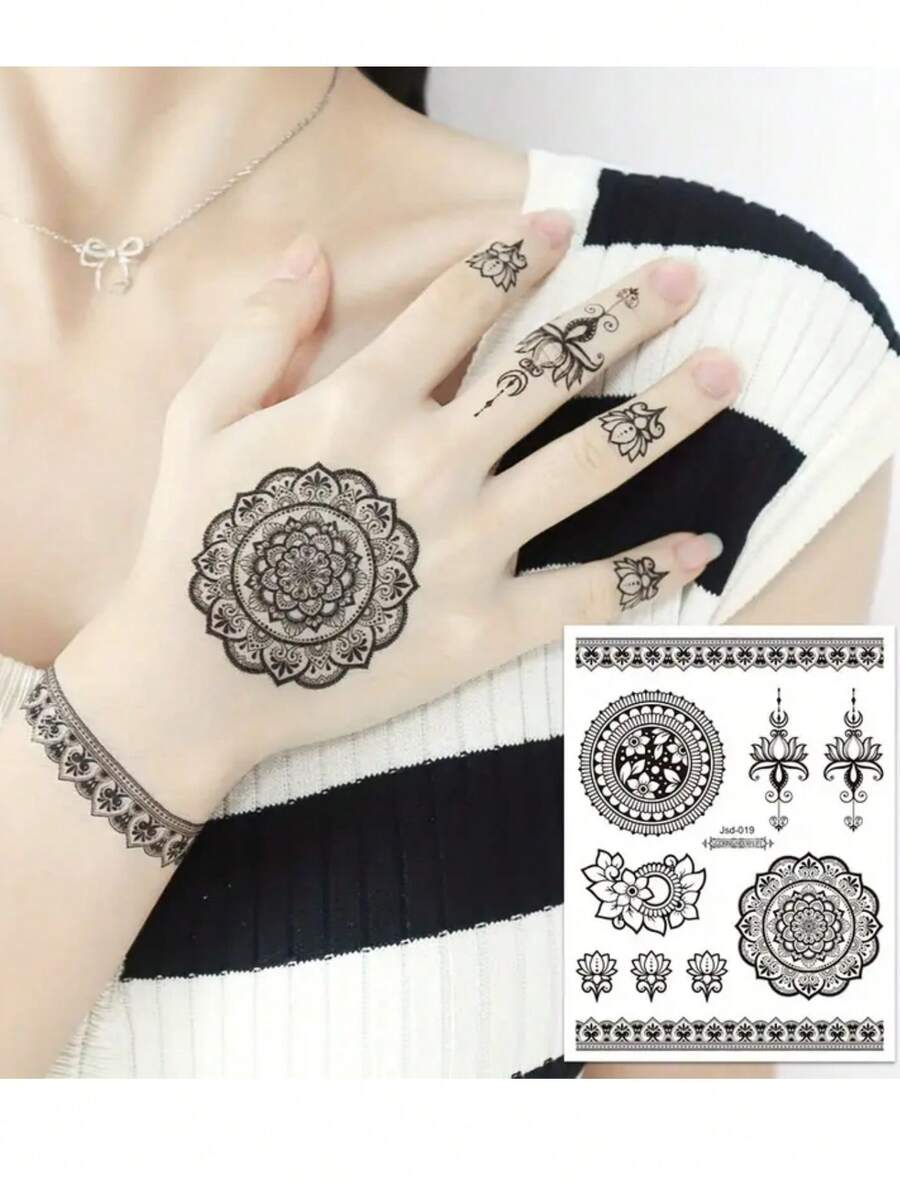 6 件大号黑色花卉蕾丝蝴蝶临时纹身，蕾丝莲花曼陀罗玛丽莲防水假纹身，适用于手臂、颈部、手背、手指、婚礼音乐节派对装饰、人体彩绘，防水持久 2-5 天