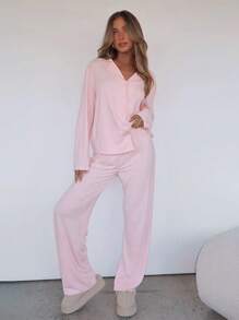 女士秋冬家居舒适两件套长袖翻领单排扣上衣直筒裤纯色宽松休闲套装 - 粉色 - 查看 1