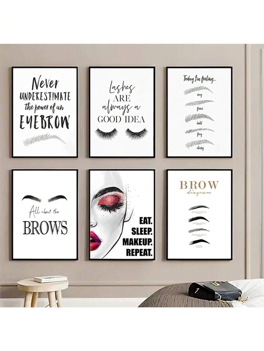 1pc Tranh vải trang điểm thời trang in hình lông mày lông mi trích dẫn nghệ thuật treo tường áp phích trang trí thẩm mỹ viện cho bé gái phòng ngủ không có khung - Nhiều màu - Xem 1