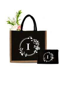 Czarna lniana torebka, torba typu tote, z nadrukiem białych liter wieńca, z kosmetyczką, prosta i elegancka, spersonalizowana torba na prezent ślubny dla druhny, kosmetyczka, prosta torba podróżna do przechowywania, najlepsze prezenty dla nauczycieli na Boże Narodzenie - Czarne - Zobacz 21