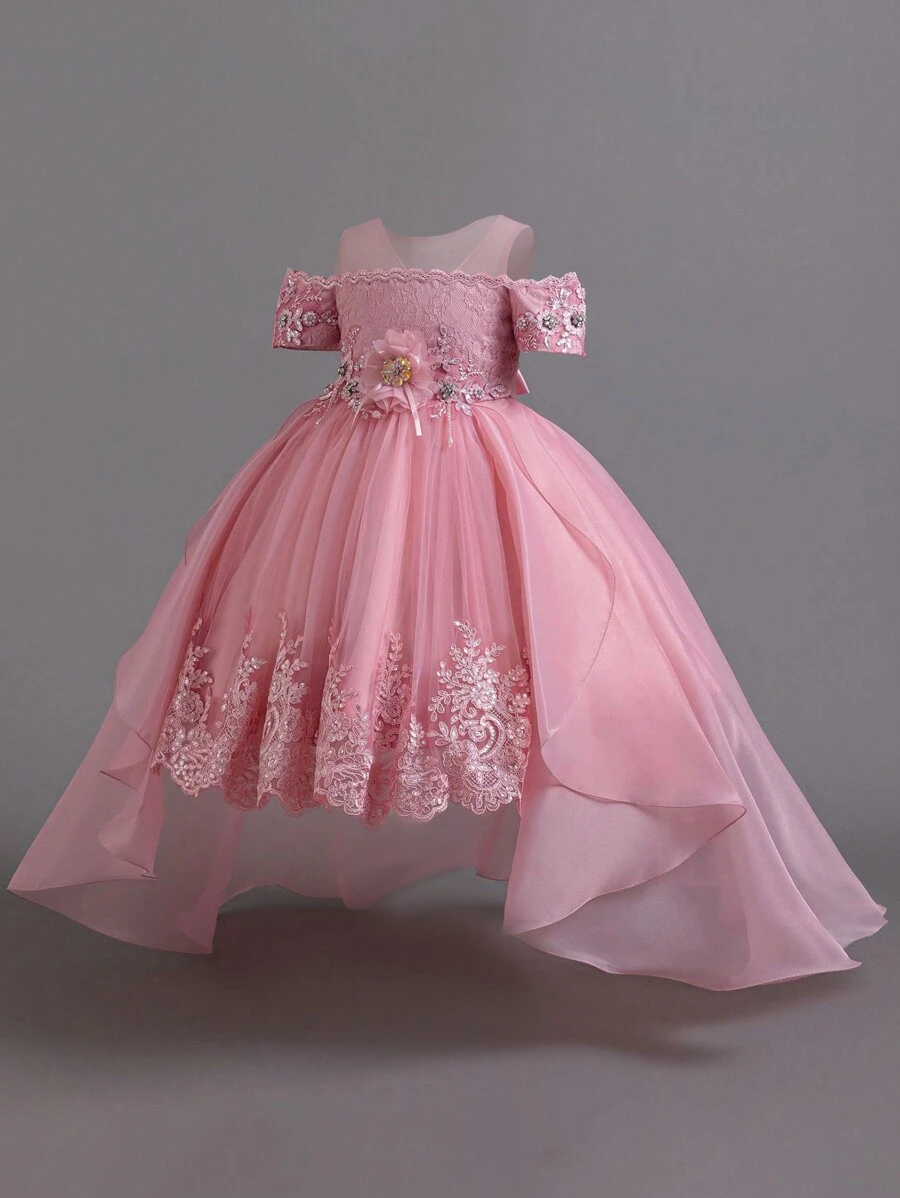 Young Girls 3D Floral Lace Luxurious Flower Girl Dress, Heavy Beaded Organza Runway Princess Gown, Headband Not Included - Dusty Pink - View 1