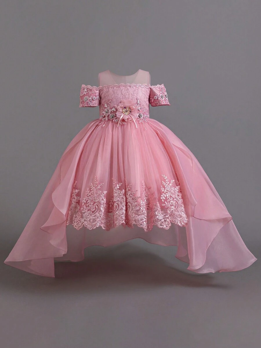 Vestido de princesa elegante con decoración de encaje y tul para niñas pequeñas, adecuado para concursos de belleza, niña de las flores, bodas, sin diadema - Rosa vieja - Ver 1