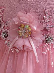 Vestido de princesa elegante con decoración de encaje y tul para niñas pequeñas, adecuado para concursos de belleza, niña de las flores, bodas, sin diadema - Rosa vieja - Ver 7