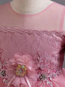 Vestido de princesa elegante con decoración de encaje y tul para niñas pequeñas, adecuado para concursos de belleza, niña de las flores, bodas, sin diadema - Rosa vieja - Ver 6