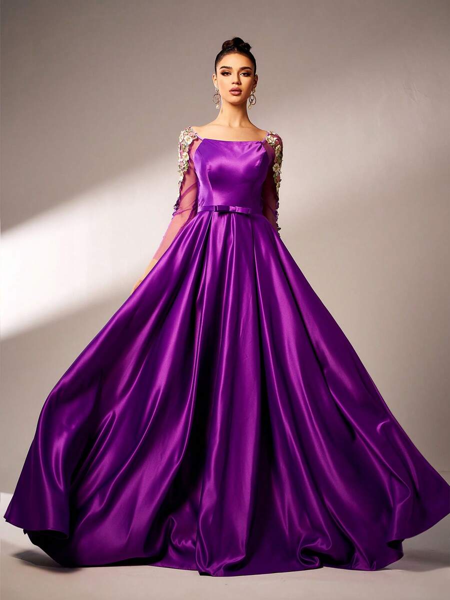 Missord Elegantes Aplliqué Mesh Kontrast Maxikleid, Ballkleid, Hochzeitsgast Kleid, Festliches Kleid, Abendrobe - Violett - Übersicht 1