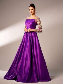 Missord Elegantes Aplliqué Mesh Kontrast Maxikleid, Ballkleid, Hochzeitsgast Kleid, Festliches Kleid, Abendrobe - Violett - Übersicht 4