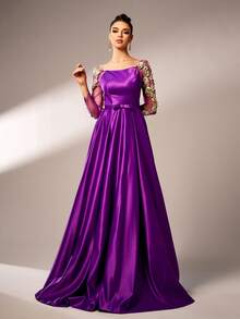 Missord Elegantes Aplliqué Mesh Kontrast Maxikleid, Ballkleid, Hochzeitsgast Kleid, Festliches Kleid, Abendrobe - Violett - Übersicht 3