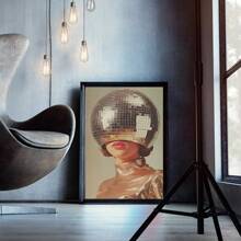 1 peça, pôster de tela de mulher com bola de discoteca vintage, arte luxuosa de bola de espelho, estética moderna e divertida, estilo nórdico, decoração de sala de casa, arte de parede, presente ideal para quarto, sala de estar, corredor, arte de parede, decoração de parede, sem moldura