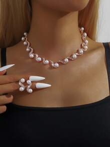 S-Shaped Faux Pearl Earrings Necklace Set