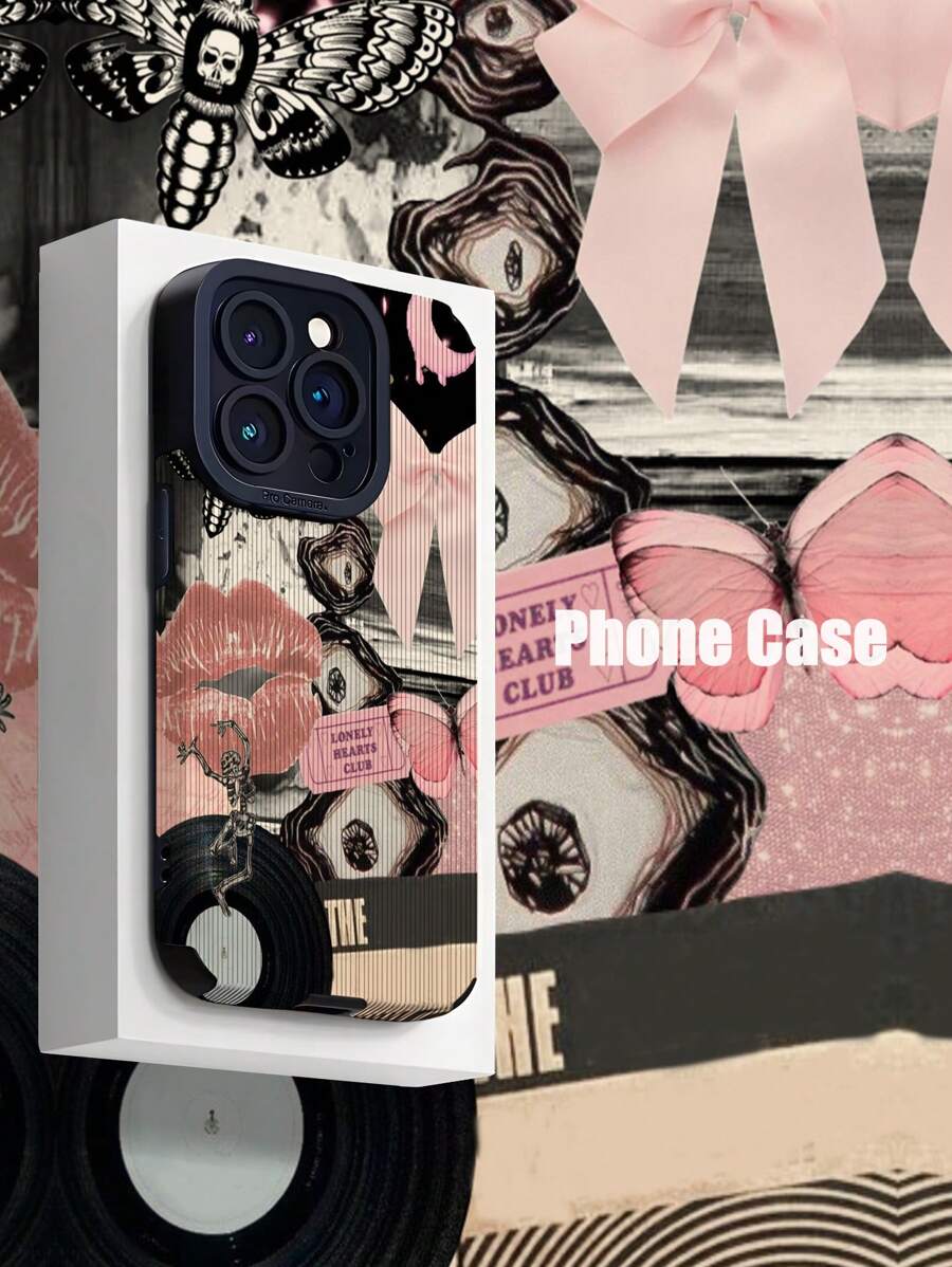 情人节 1 件黑色和粉色唇印蝴蝶结图案垂直条纹仿皮柔软保护手机壳适用于 iPhone 和 15/15 Plus/15 Pro/15 Pro Max - 彩色 - 查看 1