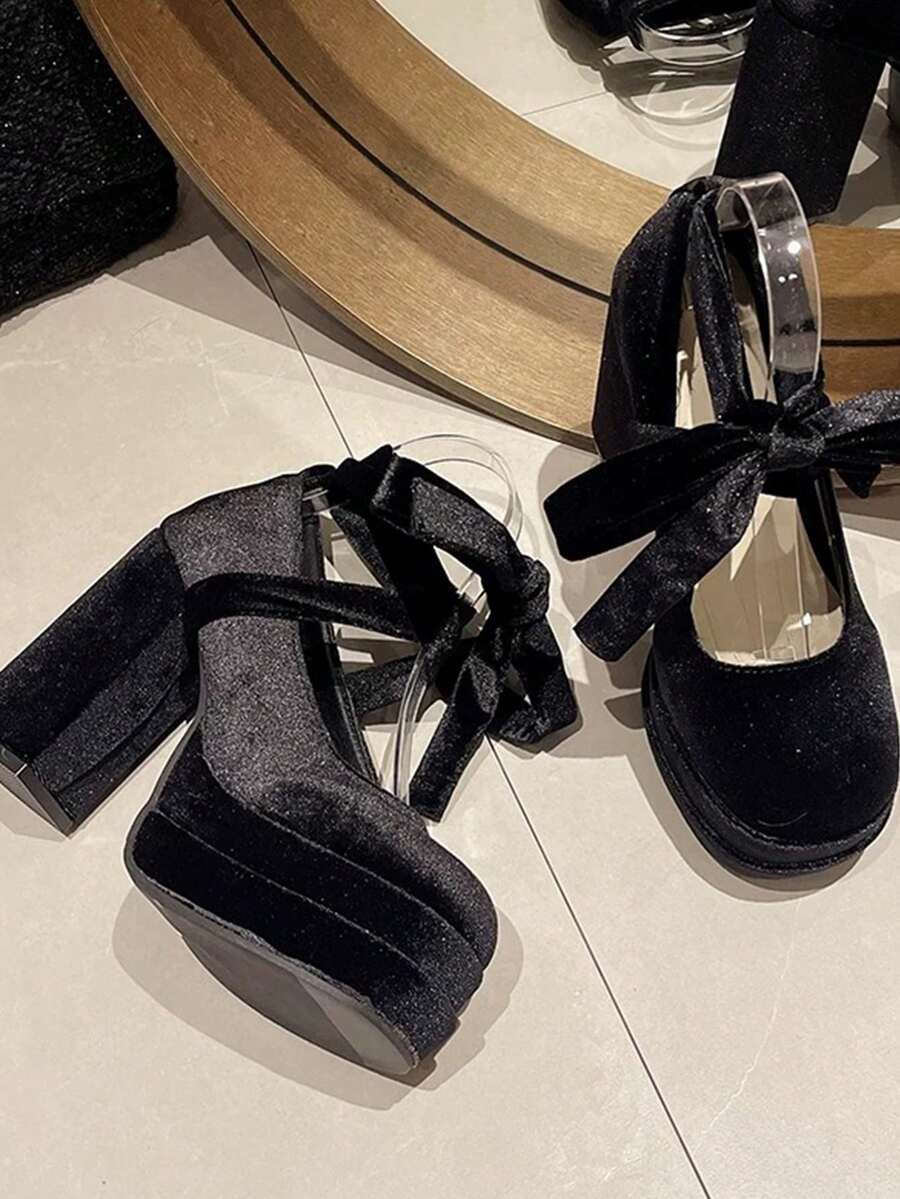 French Style Thick Sole Platform Velvet Bow Retro Round Toe Mary Jane