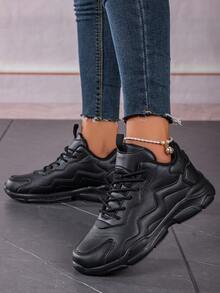 女士休闲运动鞋，新款春秋款，系带低帮，皮革与网眼撞色，透气舒适，轻便，男女通用复古厚底运动鞋，时尚街头服饰，厚底，防滑，户外/休闲/散步/旅行/情侣款，中帮皮革运动鞋，防水 - 黑色 - 查看 5