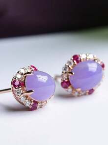 1 chiếc hoa tai khảm ngọc bích mô phỏng với đá thạch anh tím, hoa tai sang trọng thanh lịch đa năng thích hợp cho phụ nữ đeo hàng ngày - Màu tím - Xem 2