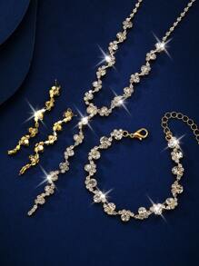4pcs Bridal Jewelry Set, Including: 1pc Crystal Wave Pendant Necklace, 1 Pair Earrings, 1pc Bracelet. Lightweight And Elegant Style, Suitable For Women's Daily Wear, Weddings, Parties, And Other Occasions. - Yellow Gold - View 4
