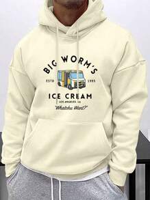 男士汽车图案印花休闲运动通勤百搭字母长袖羊毛连帽衫运动衫，卡其色