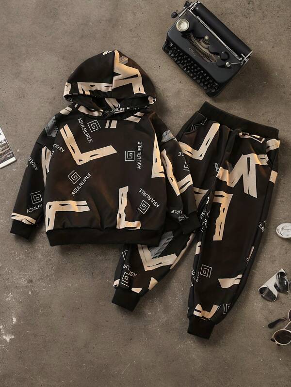 2pcs Boys' Fashion Letter Hoodie And Casual Sports Set