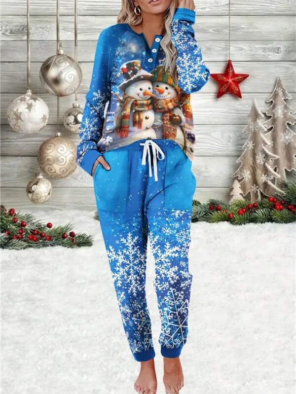 Mulheres Azul Boneco de Neve e Floco de Neve Estampa V-Neck Manga Longa Top & Calças Natal Terno Ao Ar Livre