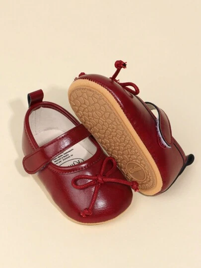 1 Pair Newborn/Infant Girls Solid Color Bowknot PU Hook & Loop Design Sweet Elegant Infant Pre-Walker Shoes, Non-Slip Breathable, Suitable For Spring & Autumn