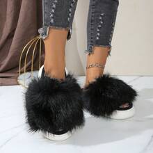 女士黑色毛绒圆头一脚蹬毛绒拖鞋，休闲家居拖鞋 - 黑色 - 查看 5