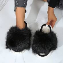 女士黑色毛绒圆头一脚蹬毛绒拖鞋，休闲家居拖鞋 - 黑色 - 查看 1