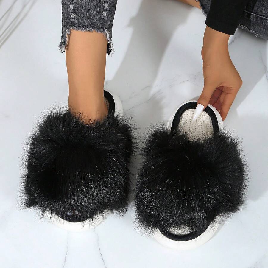 女士黑色毛绒圆头一脚蹬毛绒拖鞋，休闲家居拖鞋 - 黑色 - 查看 1