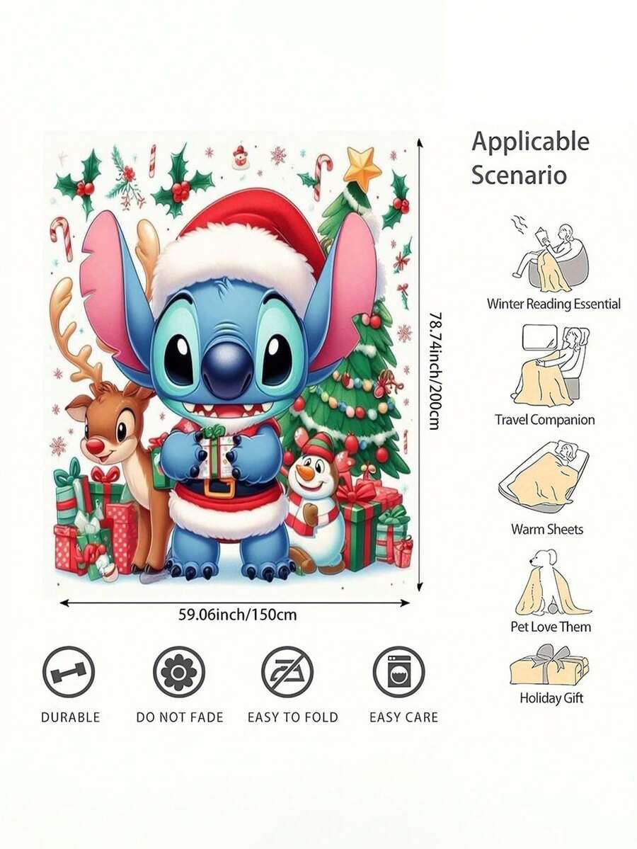 POTDEMIEL Festive Cartoon Stitch Christmas Blanket Soft Polyester