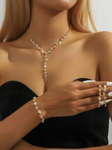 Korean Style Tassel Fashion Model Accessory Shiny Rhinestone Silver Necklace Bracelet Set