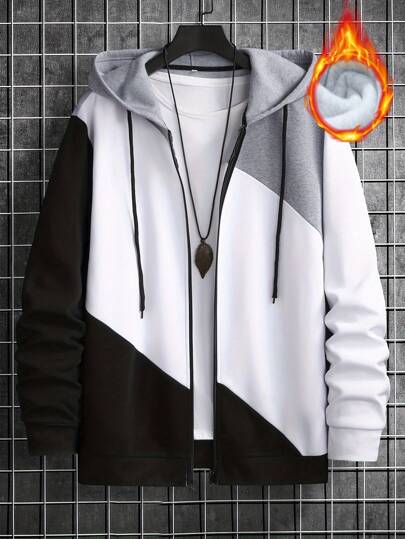 Men's Casual Zip-Up Hoodie With Contrast Color, Thermal Lining, Autumn/Winter
