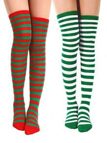 1 双圣诞红白/红绿条纹过膝/过膝袜，适合女士，角色扮演动漫服装配饰，适合派对、聚会和角色扮演 - 常規款 - 查看 2