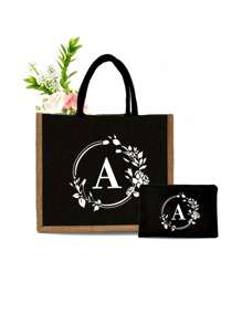 Czarna lniana torebka, torba typu tote, z nadrukiem białych liter wieńca, z kosmetyczką, prosta i elegancka, spersonalizowana torba na prezent ślubny dla druhny, kosmetyczka, prosta torba podróżna do przechowywania, najlepsze prezenty dla nauczycieli na Boże Narodzenie - Czarne - Zobacz 19