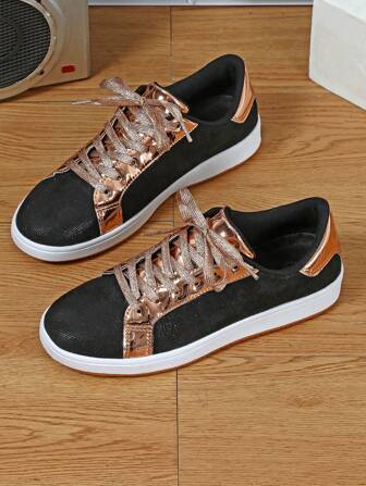Pantofi pentru bărbați, negru, auriu, cu sclipici, la modă, anti-alunecare, cu talpă durabilă, ocazional, cu skateboard, potriviti pentru toate anotimpurile, sărbători, plimbări, navetă zilnică
