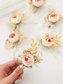 Bộ 6 chiếc hoa hồng xinh đẹp với lá vàng và trâm cài hạt vàng nhỏ, thích hợp cho đám cưới, tiệc tùng, dạ tiệc, kỷ niệm - A - Xem 1
