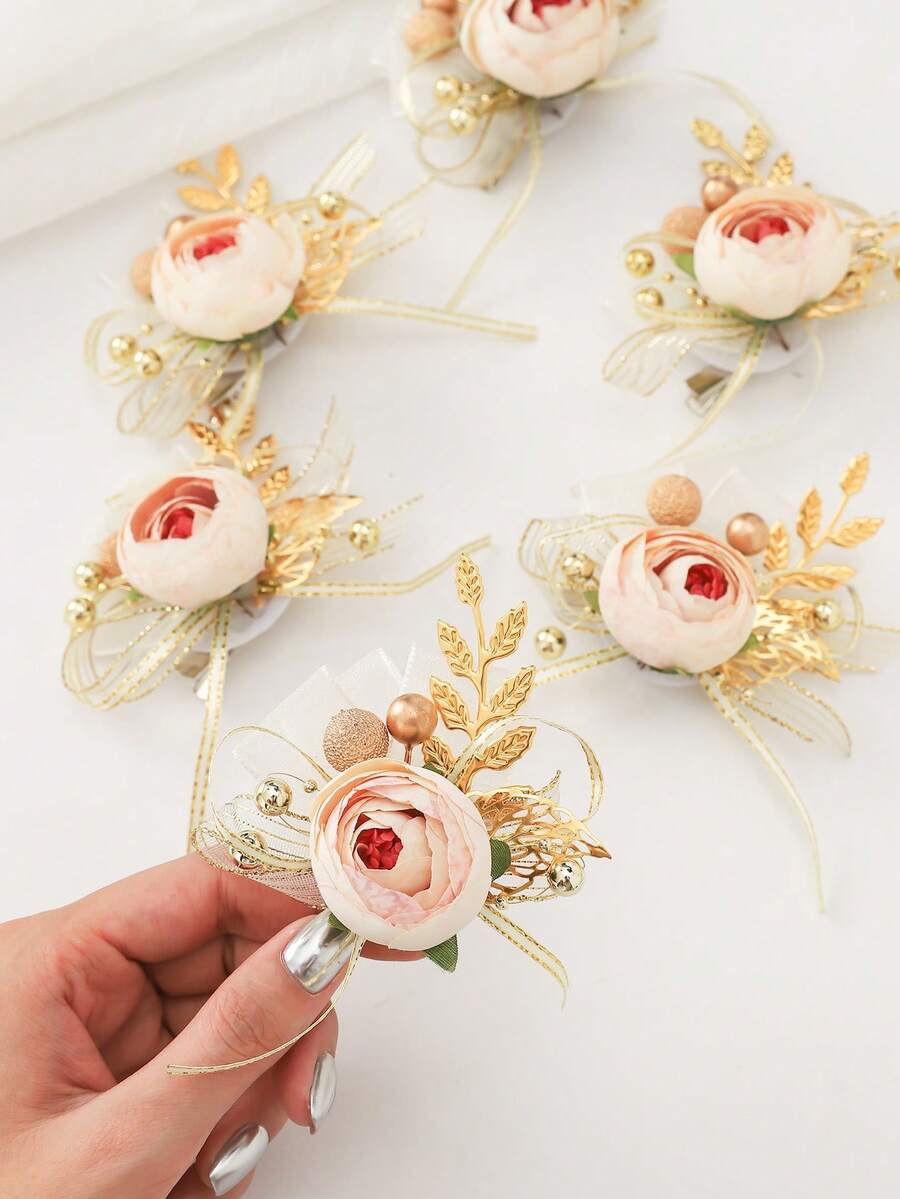 Bộ 6 chiếc hoa hồng xinh đẹp với lá vàng và trâm cài hạt vàng nhỏ, thích hợp cho đám cưới, tiệc tùng, dạ tiệc, kỷ niệm - A - Xem 1