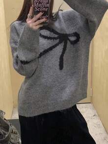 1 件女式柔软舒适宽松蝴蝶结长袖套头衫，韩版风格