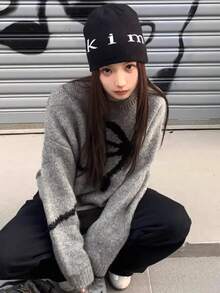 1 件女式柔软舒适宽松蝴蝶结长袖套头衫，韩版风格