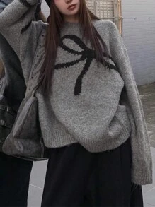 1 件女式柔软舒适宽松蝴蝶结长袖套头衫，韩版风格