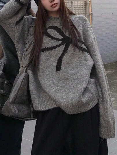 1 件女式柔软舒适宽松蝴蝶结长袖套头衫，韩版风格