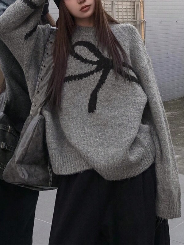 1pc Women Soft & Cozy Loose Fit Bowknot Long Sleeve Pullover Sweater, Korean Style